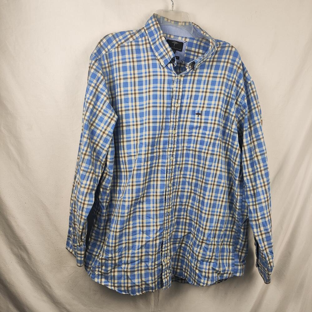 Fynch-Hatton Shirt Mens 2XL Blue Plaid Button Down Long Sleeve Cotton Casual